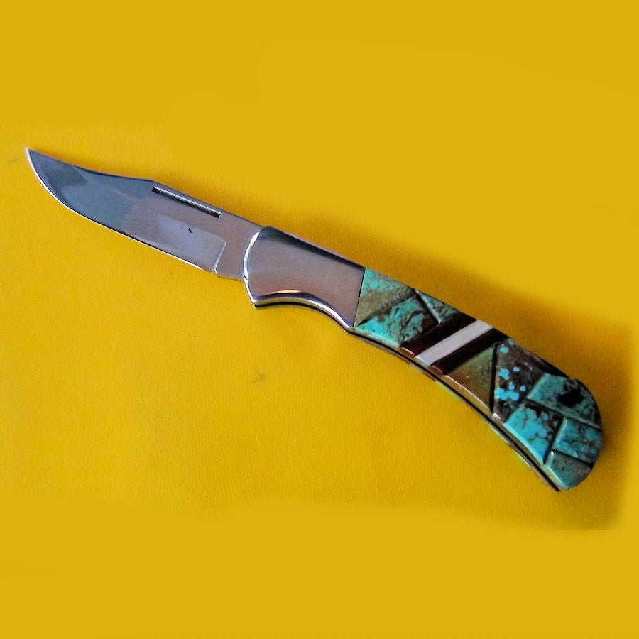 Couteau Pliant Lame Acier Manche Turquoise et Nacre