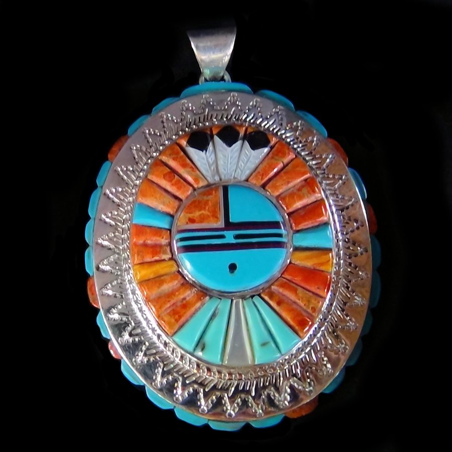 Pendentif Dieu Soleil Zuni Overlay, Turquoise, Corail