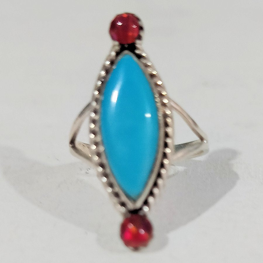 Bague Navajo Turquoise et Opale Rouge, Taille 6