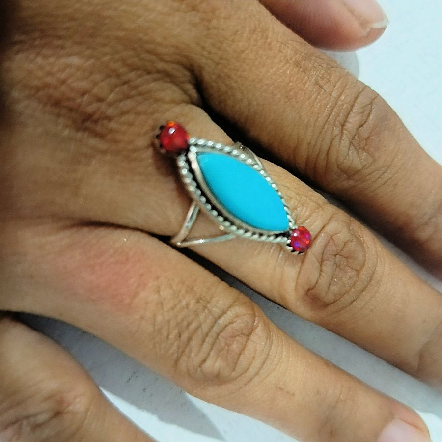 Bague Navajo Turquoise et Opale Rouge, Taille 6