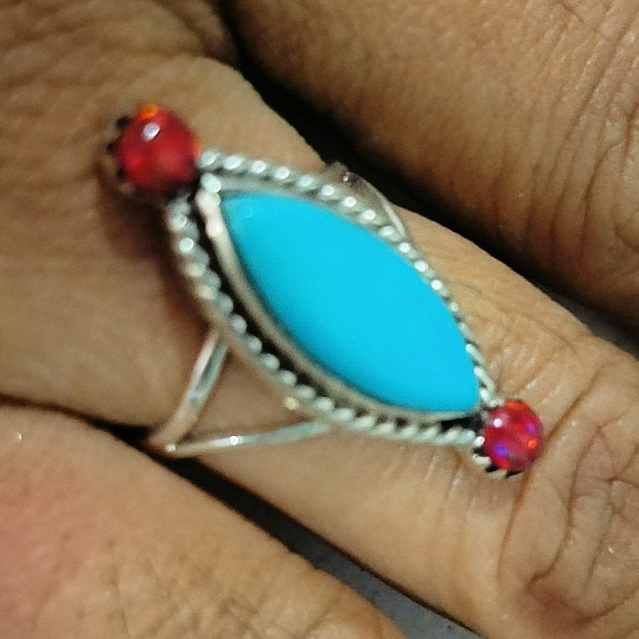 Bague Navajo Turquoise et Opale Rouge, Taille 6