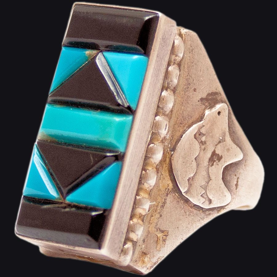 Bague Navajo Rectangulaire, Pour Homme, Overlay Turquoise &amp; Jeais Noir