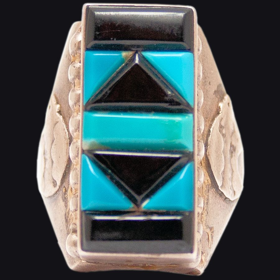 Bague Navajo Rectangulaire, Pour Homme, Overlay Turquoise &amp; Jeais Noir