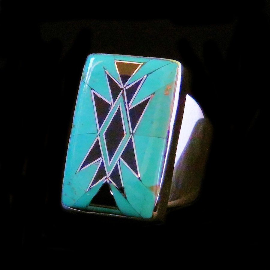 Bague Navajo Argent Rectangulaire Turquoise &amp; Onyx