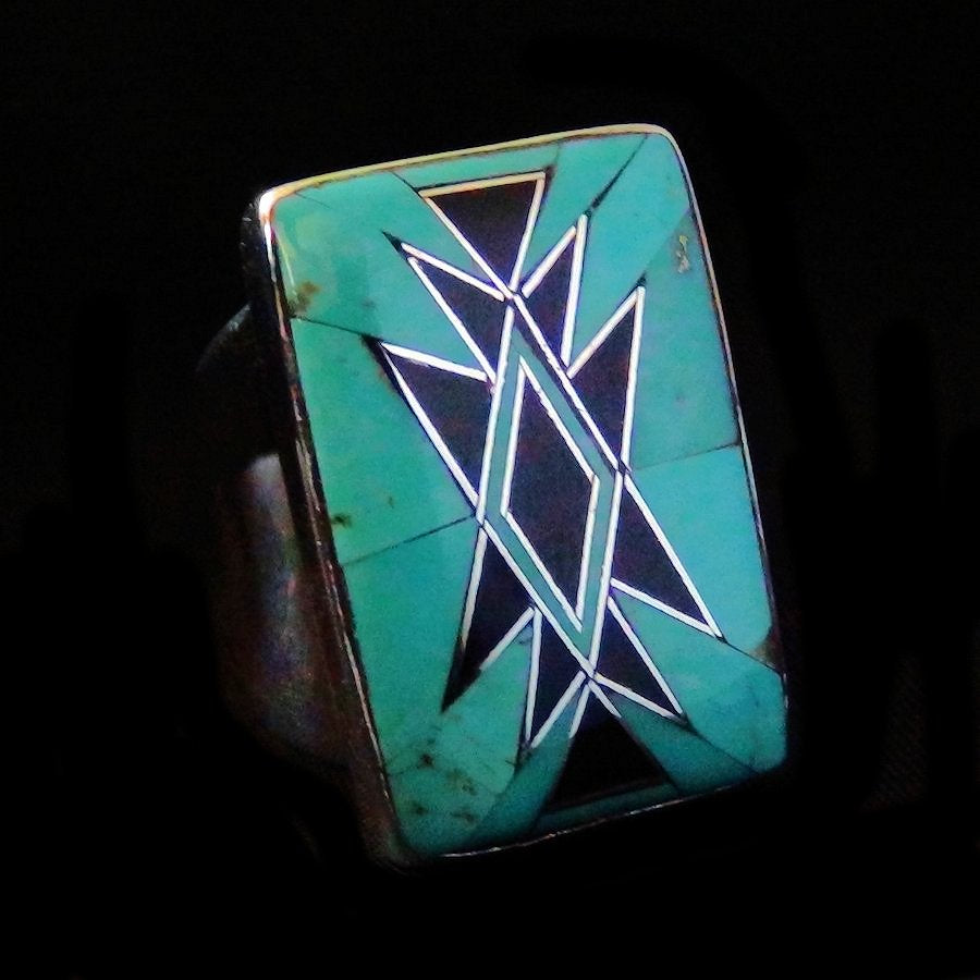 Bague Navajo Argent Rectangulaire Turquoise &amp; Onyx