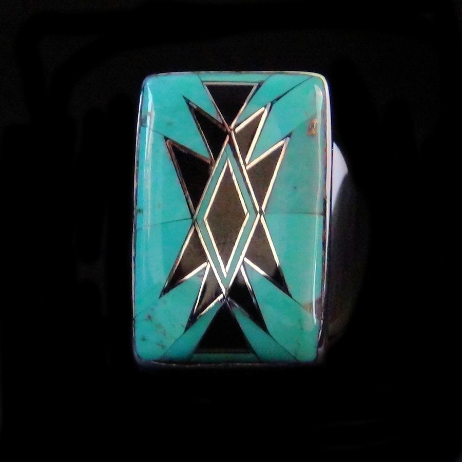 Bague Navajo Argent Rectangulaire Turquoise &amp; Onyx