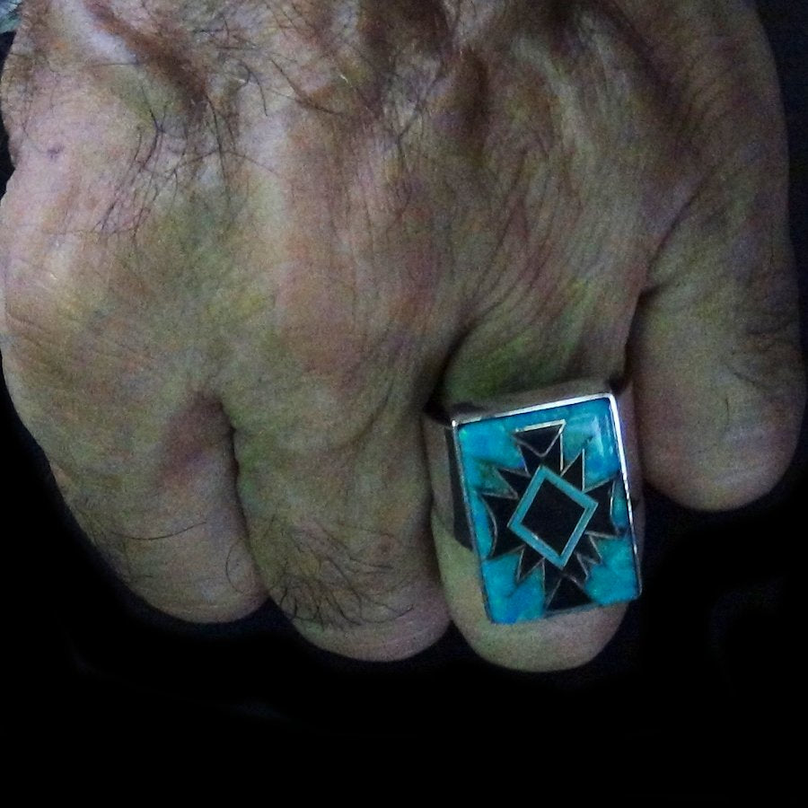 Bague Navajo Argent Rectangulaire Turquoise &amp; Onyx