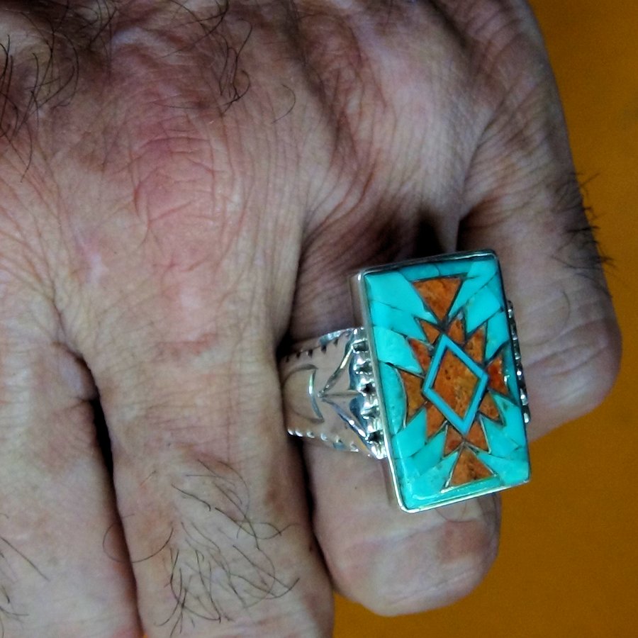 Bague Navajo en Argent Rectangulaire Turquoise &amp; Corail Pour Homme