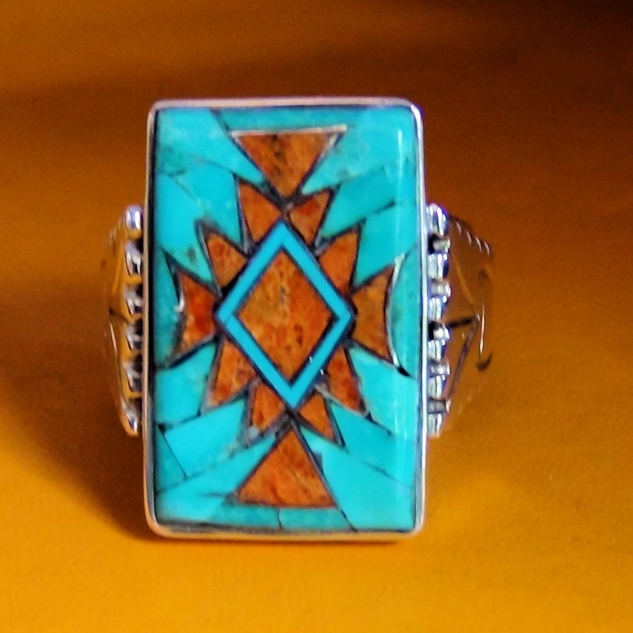Bague Navajo en Argent Rectangulaire Turquoise &amp; Corail Pour Homme