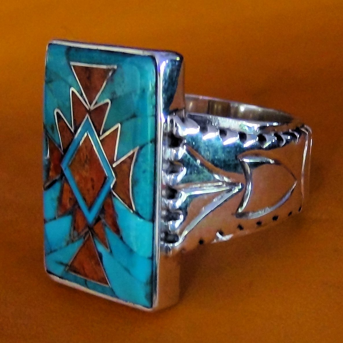 Bague Navajo en Argent Rectangulaire Turquoise &amp; Corail Pour Homme