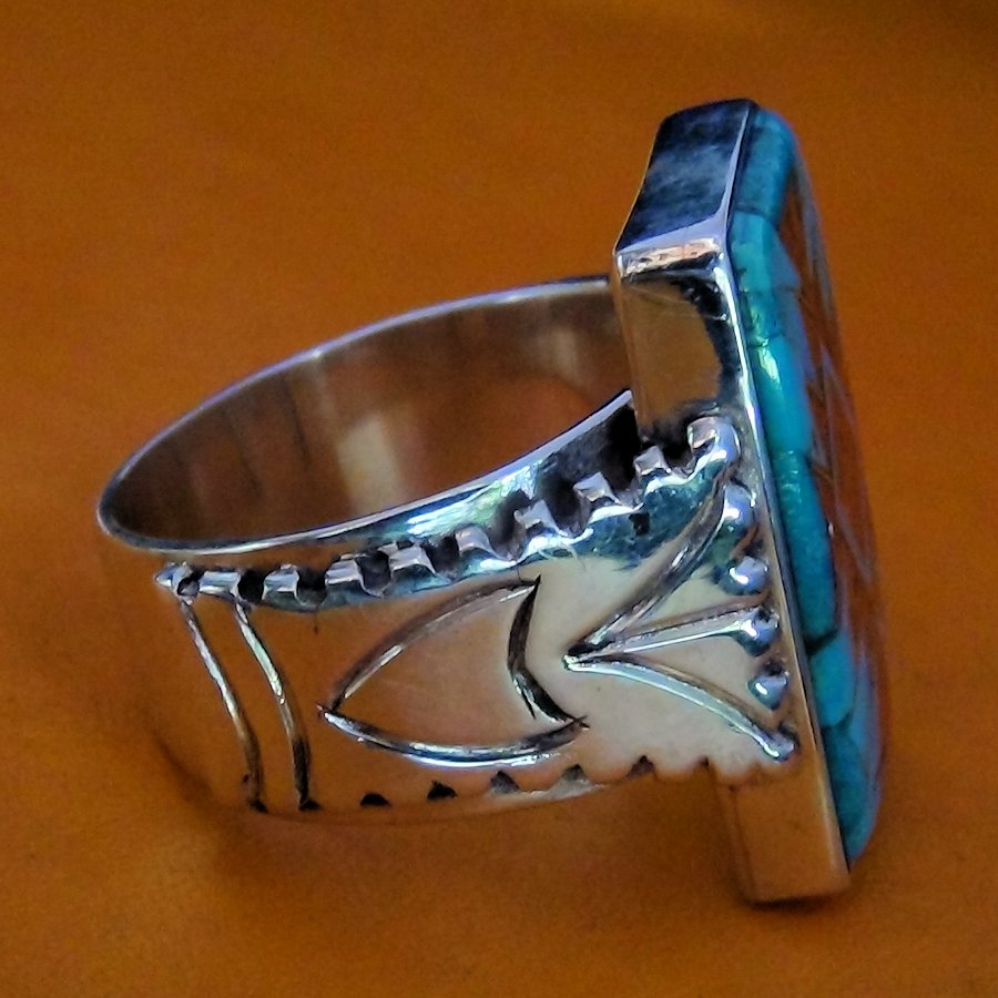 Bague Navajo en Argent Rectangulaire Turquoise &amp; Corail Pour Homme