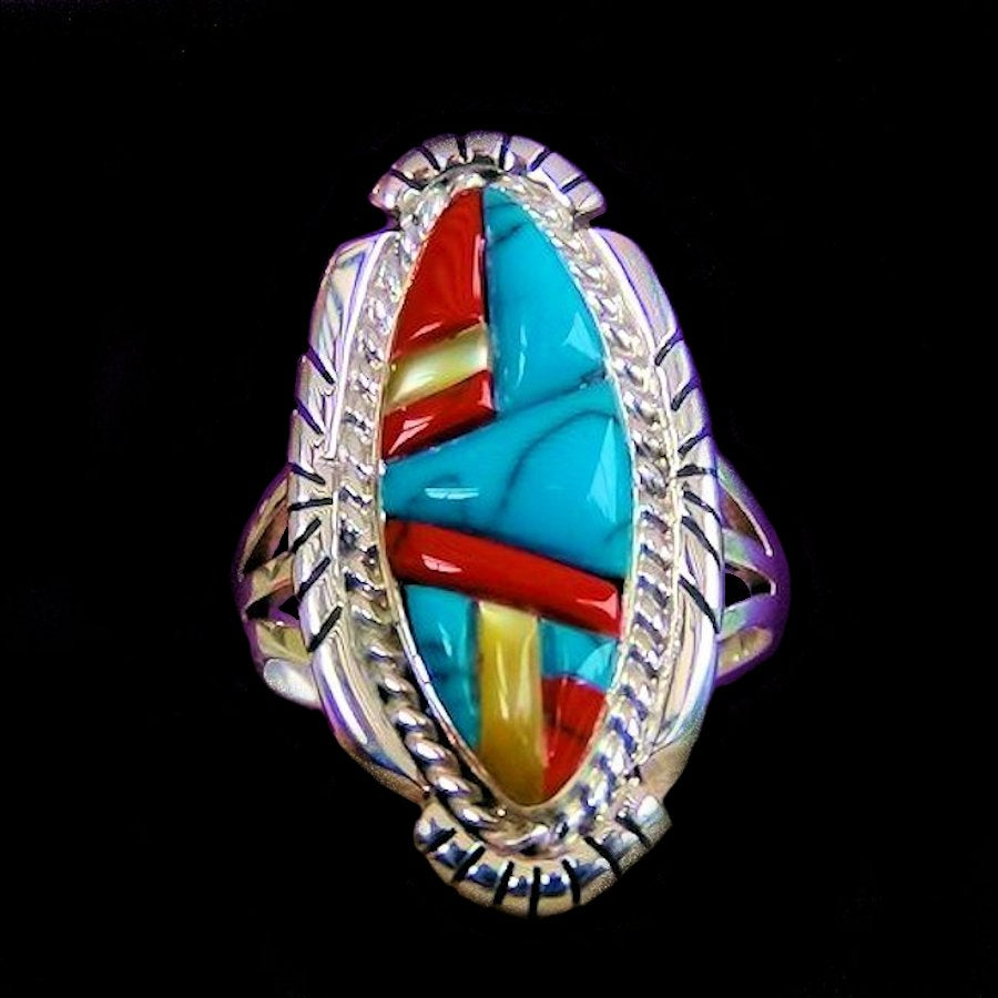 Bague Ovale Turquoise, Corail &amp; Nacre Mosaïque Overlay