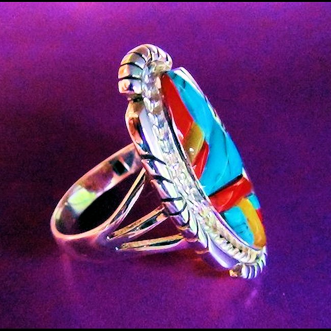 Bague Ovale Turquoise, Corail &amp; Nacre Mosaïque Overlay