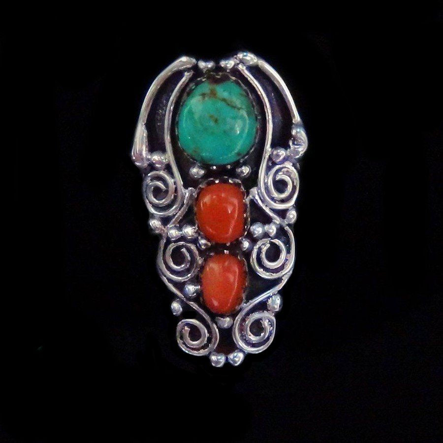 Bague Navajo en Argent Turquoise &amp; Corail Pour Femme