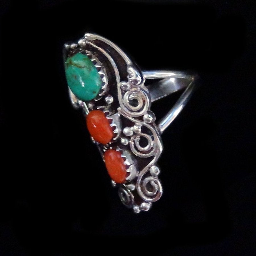 Bague Navajo en Argent Turquoise &amp; Corail Pour Femme