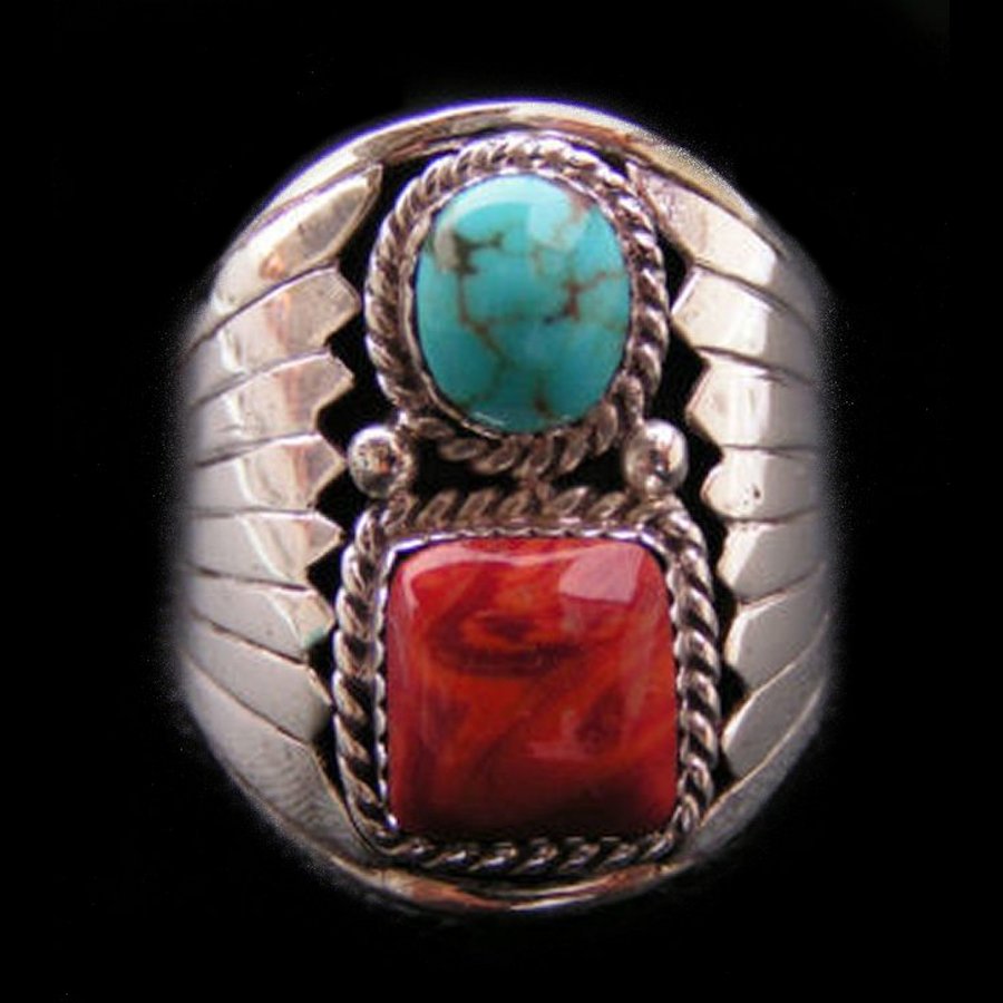 Bague Navajo Amerindienne Turquoise et Corail