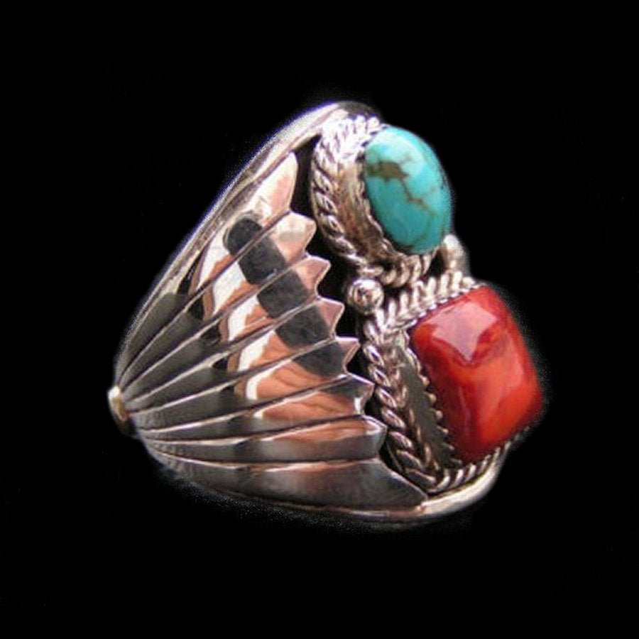 Bague Navajo Amerindienne Turquoise et Corail
