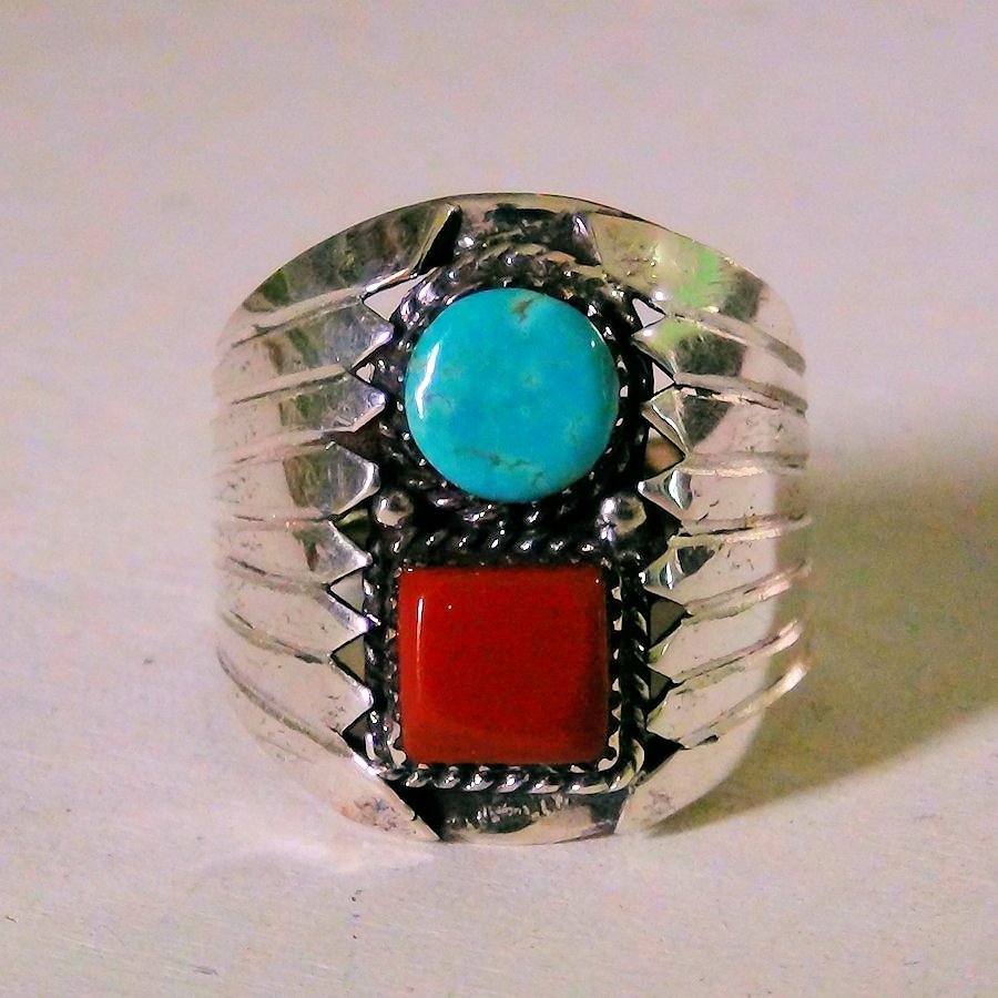 Bague Navajo Amerindienne Turquoise et Corail
