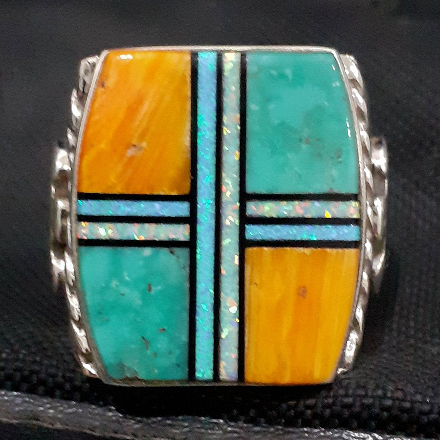 Bague Chevalière Amérindienne Symbole Navajo Turquoise, Spondylus et Opaline, Thunderbird, Pour Homme