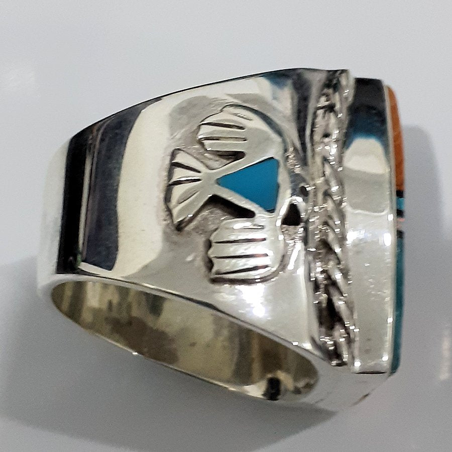 Bague Chevalière Amérindienne Symbole Navajo Turquoise, Spondylus et Opaline, Thunderbird, Pour Homme