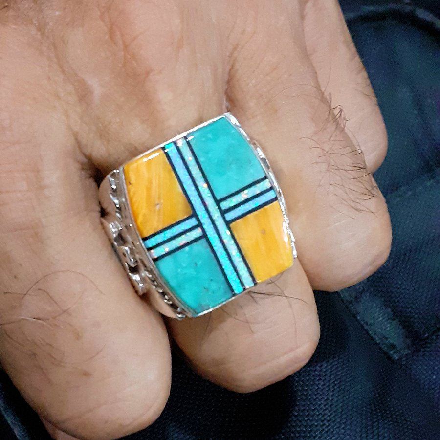 Bague Chevalière Amérindienne Symbole Navajo Turquoise, Spondylus et Opaline, Thunderbird, Pour Homme