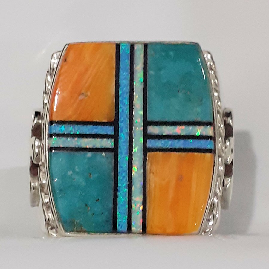 Bague Chevalière Amérindienne Symbole Navajo Turquoise, Spondylus et Opaline, Thunderbird, Pour Homme