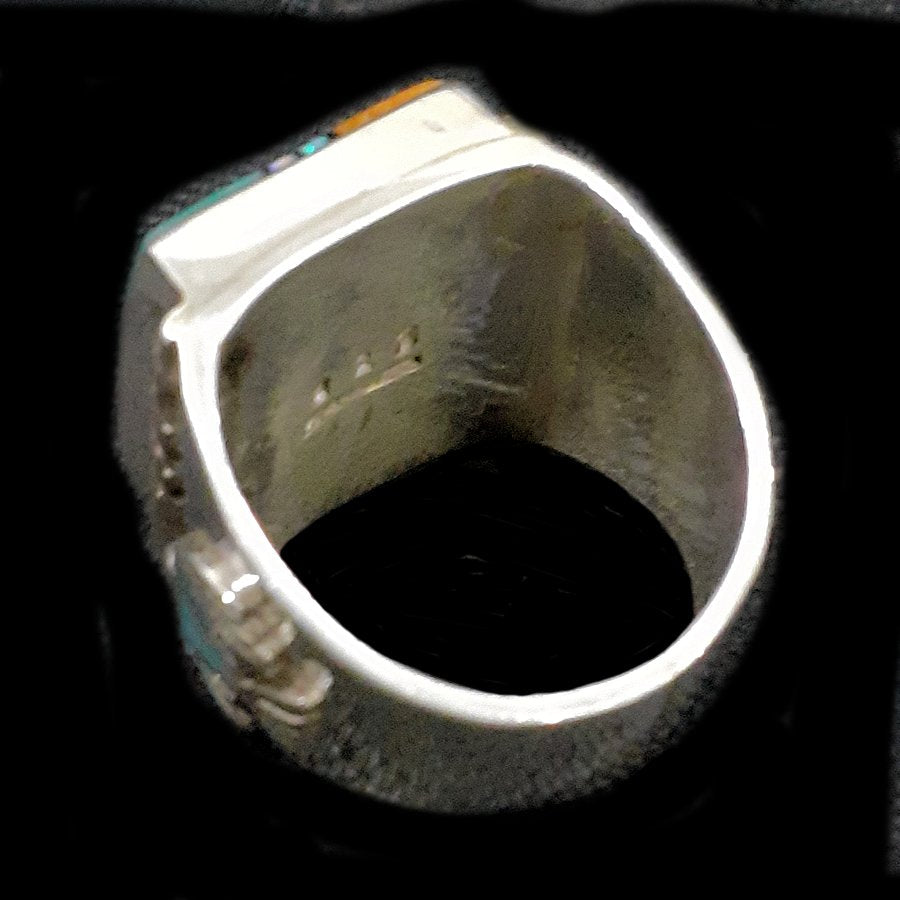 Bague Chevalière Amérindienne Symbole Navajo Turquoise, Spondylus et Opaline, Thunderbird, Pour Homme