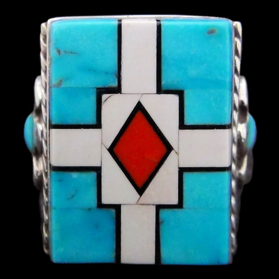 Bague Chevalière Amérindienne Symbole Navajo Turquoise, Corail et Nacre, Thunderbird, Pour Homme