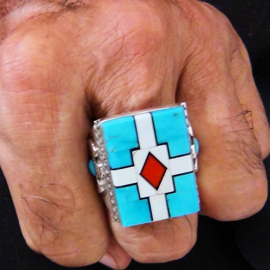 Bague Chevalière Amérindienne Symbole Navajo Turquoise, Corail et Nacre, Thunderbird, Pour Homme