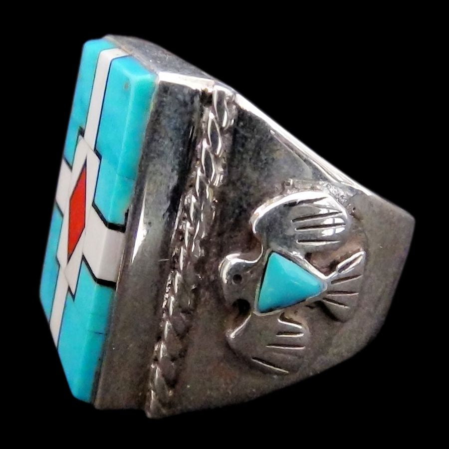 Bague Chevalière Amérindienne Symbole Navajo Turquoise, Corail et Nacre, Thunderbird, Pour Homme