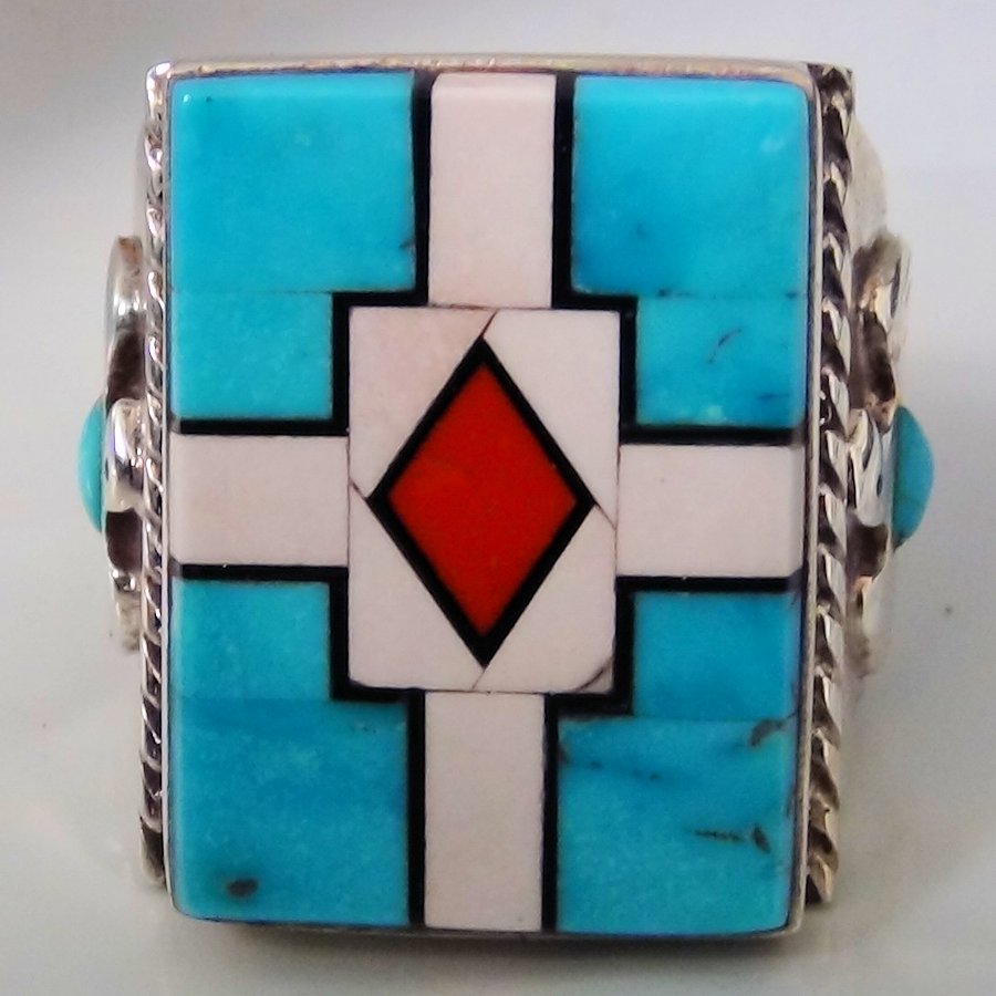 Bague Chevalière Amérindienne Symbole Navajo Turquoise, Corail et Nacre, Thunderbird, Pour Homme