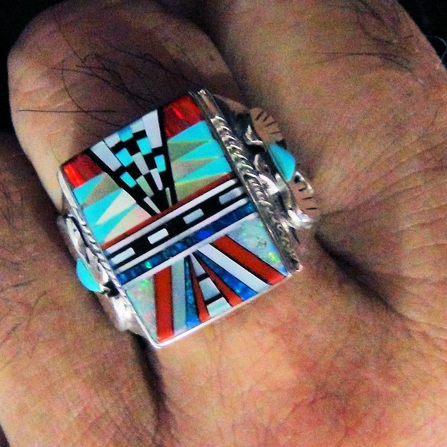 Bague Chevalière Amérindienne Symbole Navajo Micro Inlay, Thunderbird, Pour Homme