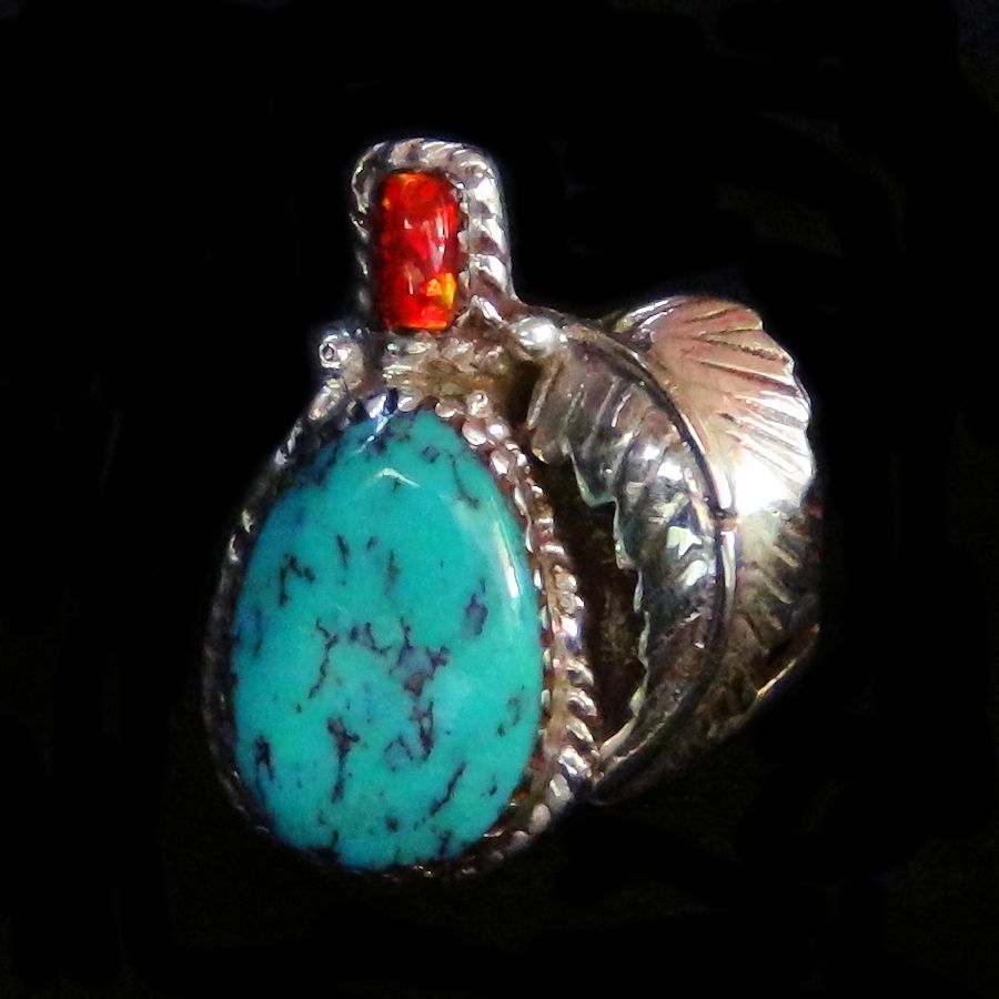 Bague Navajo Pour Femme Turquoise, Corail et Plume