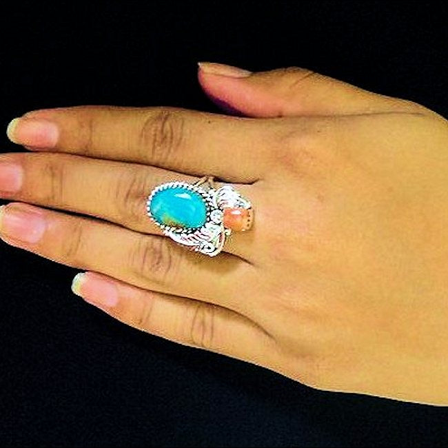 Bague Navajo Pour Femme Turquoise, Corail et Plume