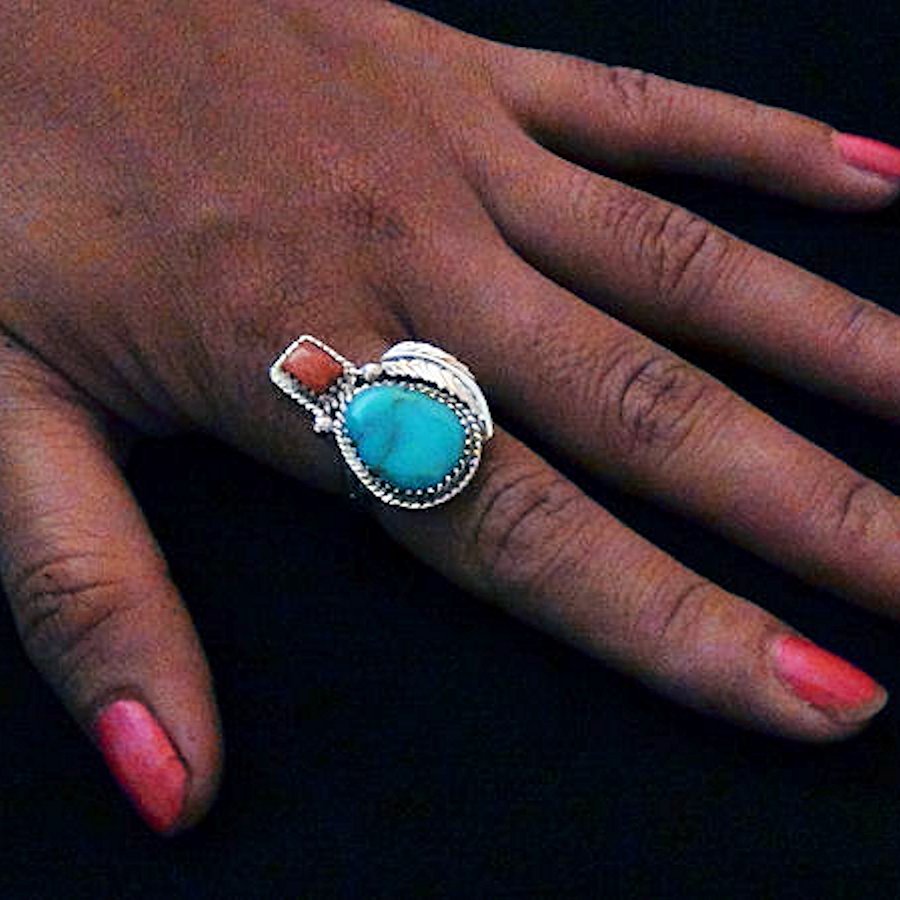 Bague Navajo Pour Femme Turquoise, Corail et Plume