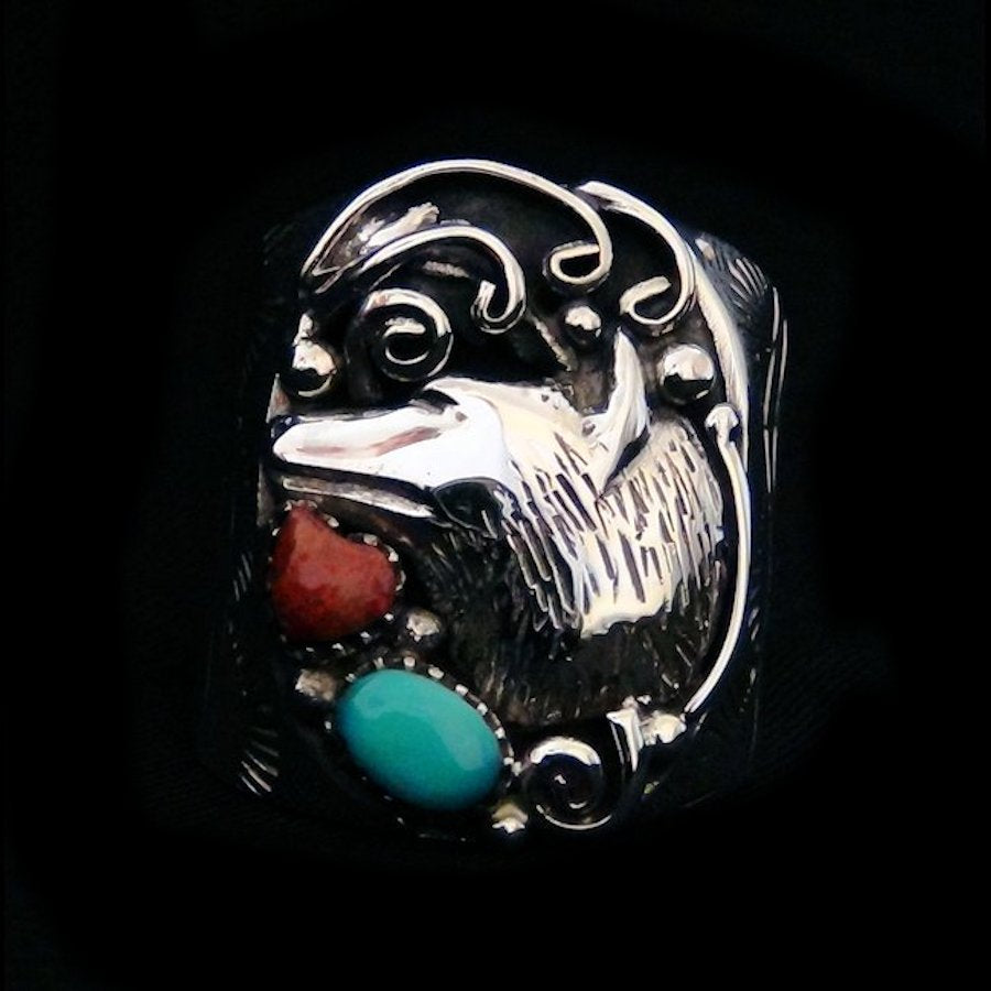 Bague Tête de Loup en Argent, Corail et Turquoise