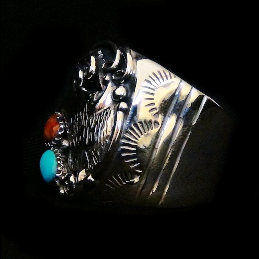 Bague Tête de Loup en Argent, Corail et Turquoise