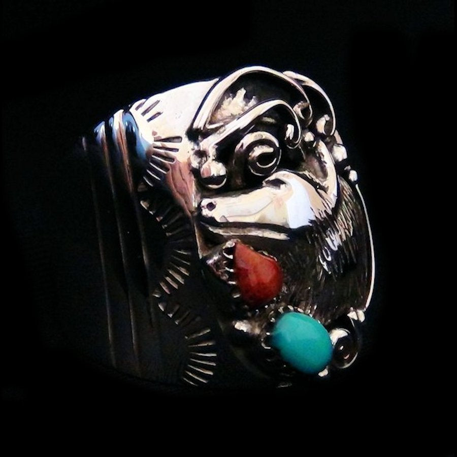 Bague Tête de Loup en Argent, Corail et Turquoise