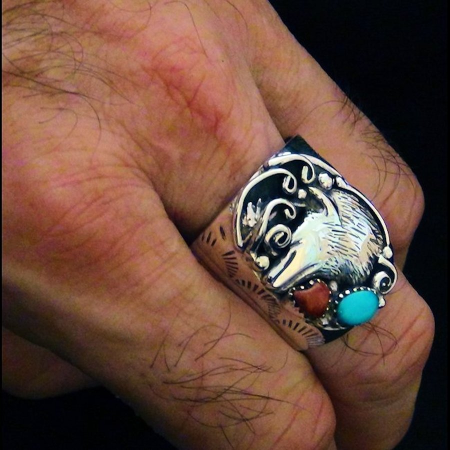 Bague Tête de Loup en Argent, Corail et Turquoise