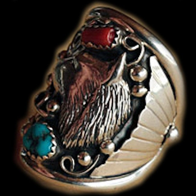 Bague Tête de Loup en Argent, Cabochons de Corail et de Turquoise