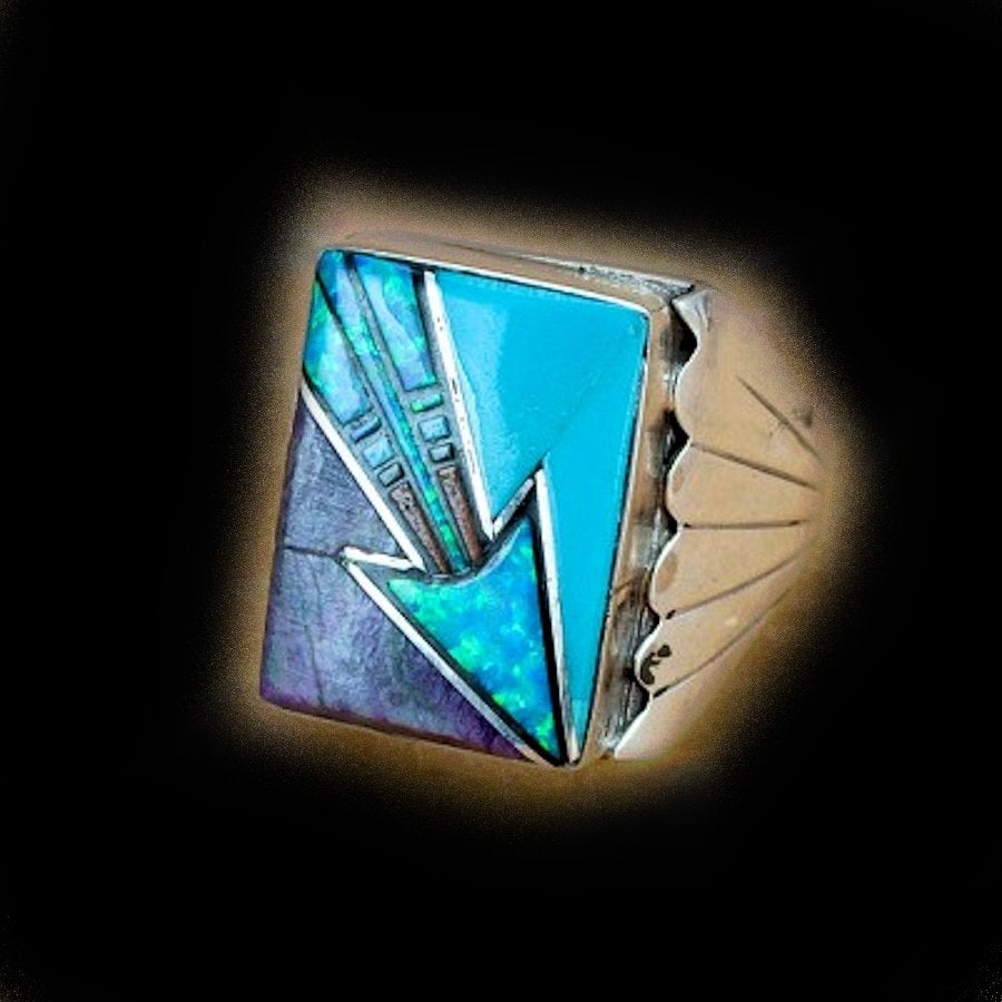 Bague Navajo Flèche, Overlay Lapis Lazuli et Turquoise