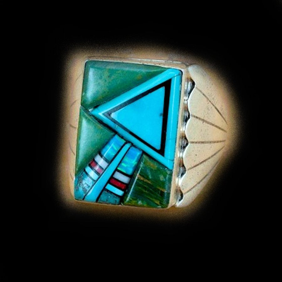 Bague Navajo Flèche, Overlay Malachite et Turquoise