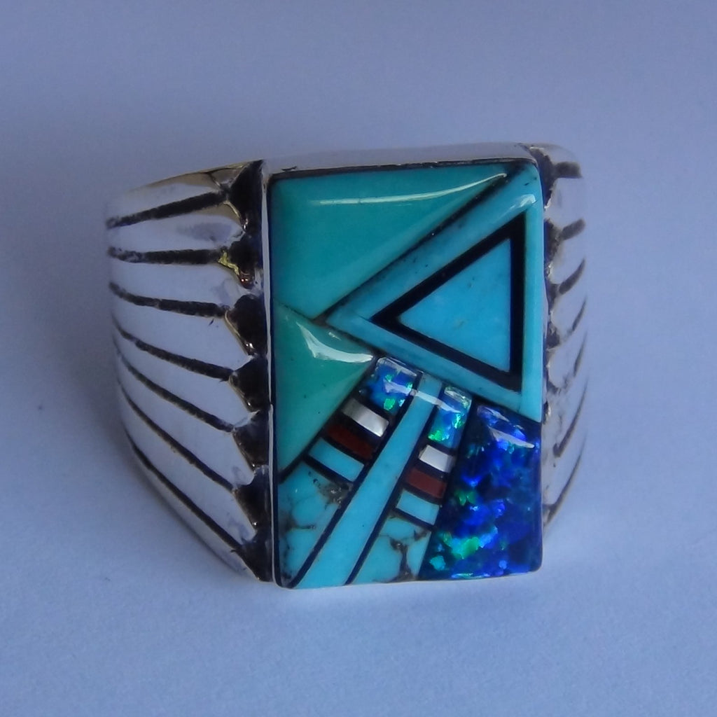 Bague Navajo Flèche, Overlay Malachite et Turquoise