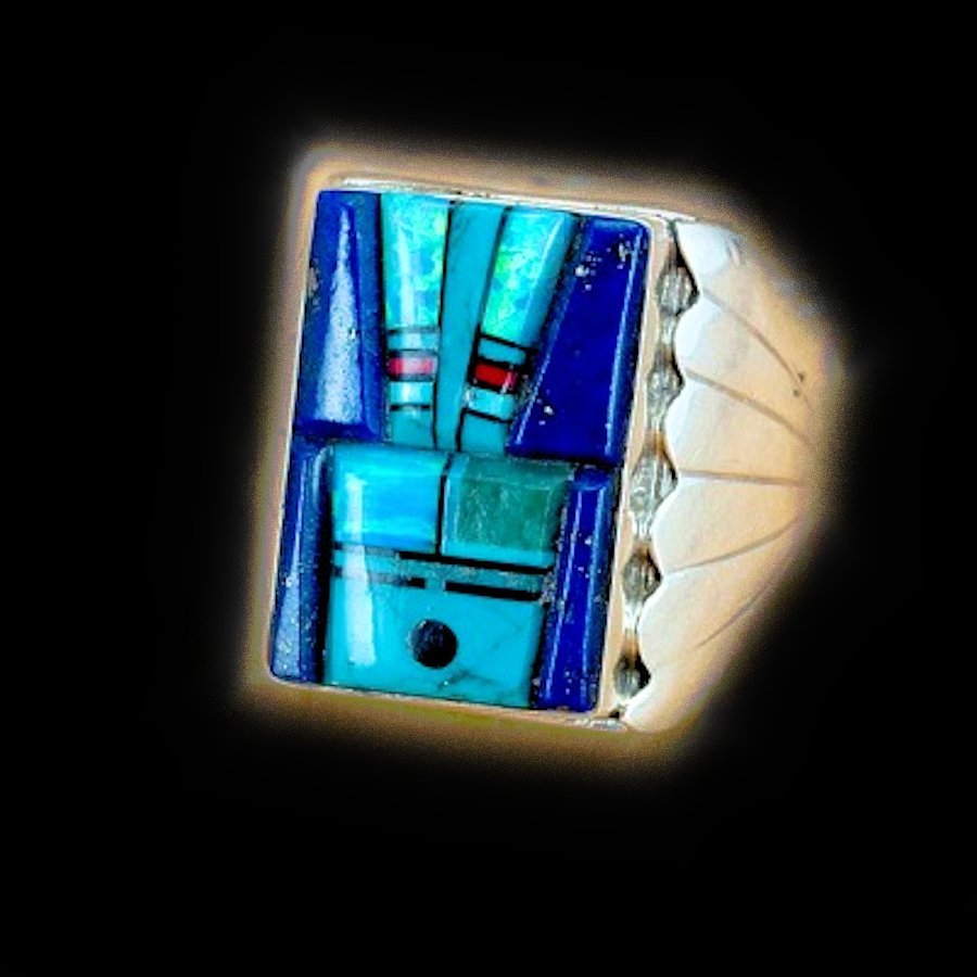 Bague Tête d'Indien, Mosaïque de Turquoise et Lapis lazuli Overlay