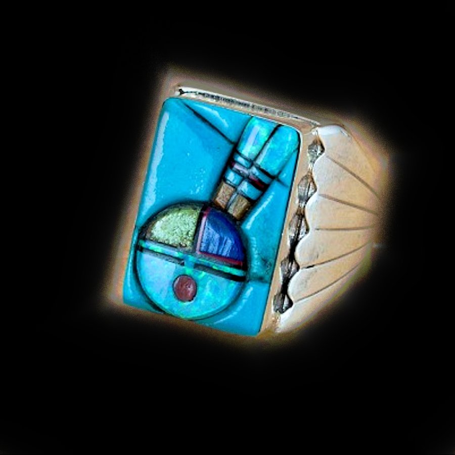 Bague Tête d'Indien Zuni, Overlay, Turquoise