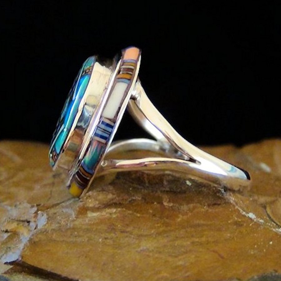 Bague Amerindienne Pour Femme, Mosaïque Zuni, en Argent 925 et Pierres