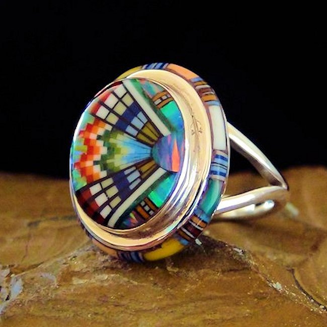 Bague Amerindienne Pour Femme, Mosaïque Zuni, en Argent 925 et Pierres