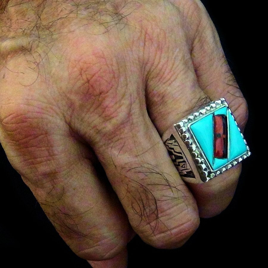 Bague Carrée Zuni Overlay, Turquoise et Corail