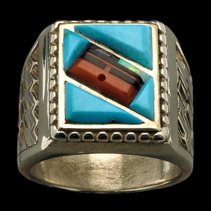 Bague Carrée Zuni Overlay, Turquoise et Corail