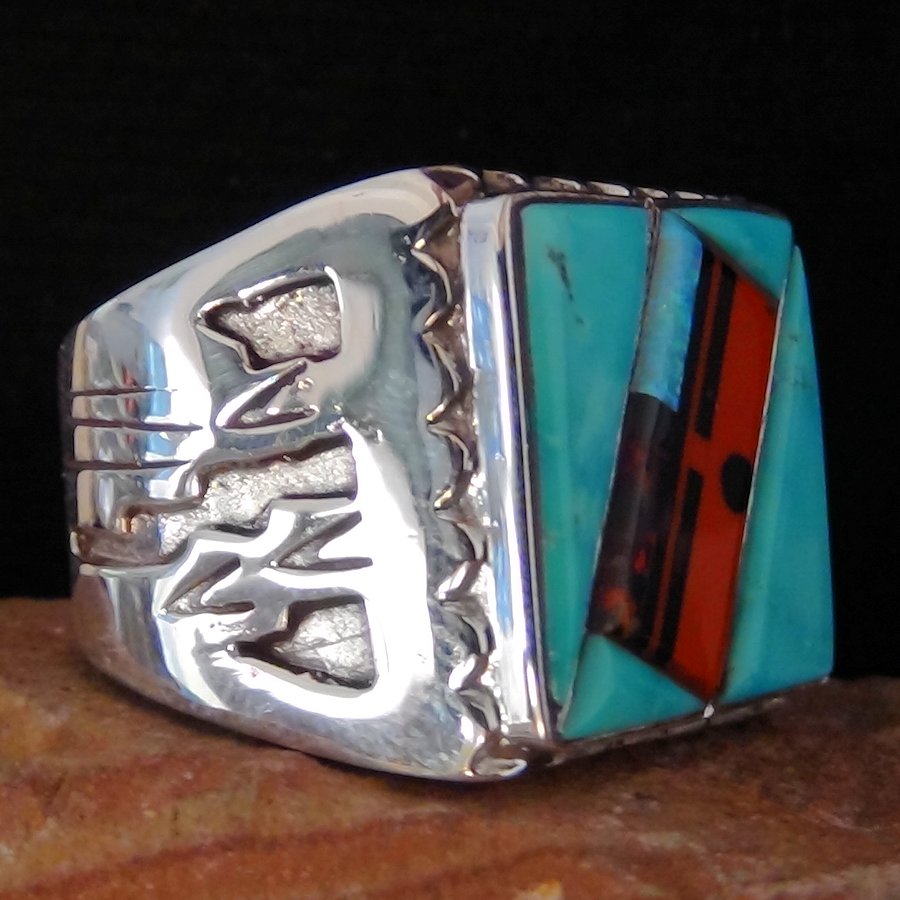 Bague Carrée Zuni Overlay, Turquoise et Corail